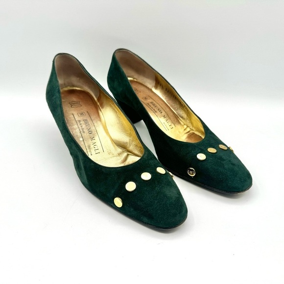 BRUNO MAGLI GREEN LEATJER PUMP 80s VINTAGE HEELS BLOCK HEELS CHUNKY HEELS 38.5 - Picture 11 of 12